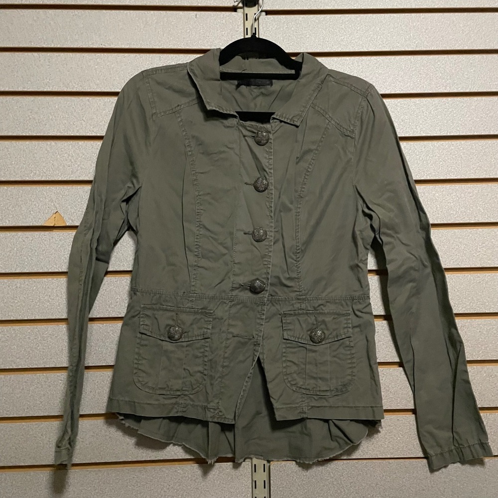 Womens M Utilityβ Jacket Khaki Military Style Button Front Cropped Ruffle Hem
